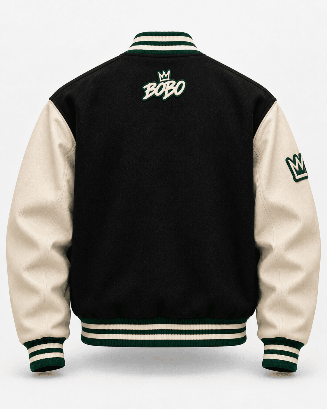 BOBO Crown Varsity Jacket in Black / Bone / Forest, back view